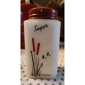 Vintage TIPP City Milk Glass Cattails Tall Sugar Shaker White Red Antique